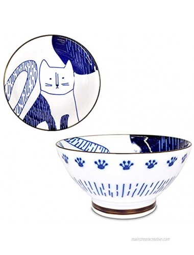 Product of Gifu Japan Japanese Mino Ware Rice Bowl Rice Ramen Noodle Soup Salada Pasta Dish 4.7 inch IRUTTE Blue Cat Design Chawan