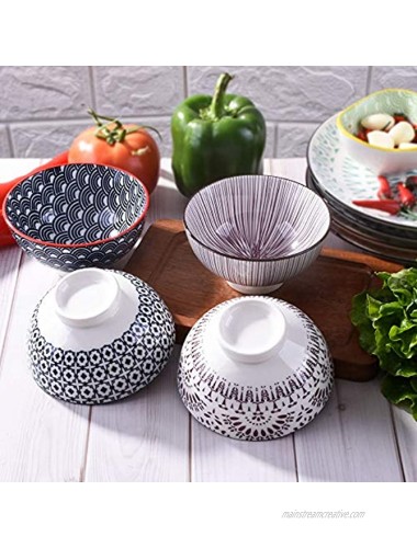Set of 4 Rice Bowls 4.5 Inch Japanese Style Ceramic Rice Bowls Glazed Tableware of Various Designs Suitable for Dessert Snacks Cereal Soup