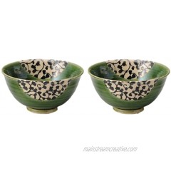 Traditional Japanese Porcelain Rice Bowls 10.1 Fluid Ounces Karakusa Efu Oribe Cracked Glaze Pattern Chawan Set of 2 TG44431