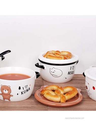 White and Brown Ceramic Japanese Bowl with Lid and Mini Handles Neko Lucky Cat Microwavable Dish for Noodles and Rice 5 3 4 Inches