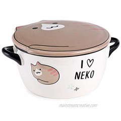 White and Brown Ceramic Japanese Bowl with Lid and Mini Handles Neko Lucky Cat Microwavable Dish for Noodles and Rice 5 3 4 Inches