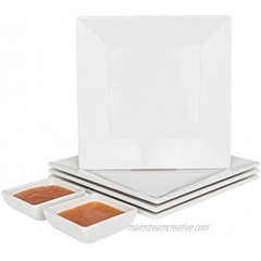 [4 Pack] 10 x 10 White Square Melamine Plates Unbreakable Elegant Dinnerware Set With Sauce Dish
