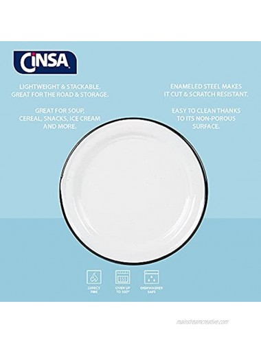 Cinsa 10in Dinner Plate Set 6 Pieces White Color Enamelware Dinner Plates for Indoor & Outdoor Camping Farmhouse Kitchen Party Durable and Reusable