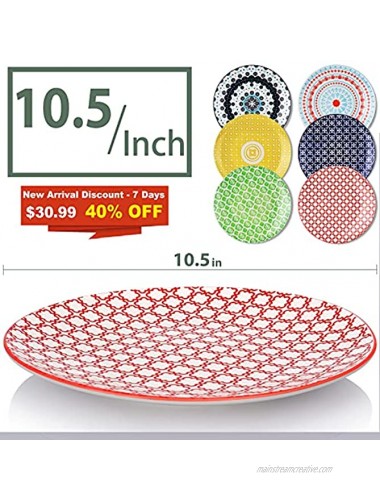 DeeCoo Large Dinner Plates Set Premium Porcelain Dinnerware for Restaurant Kitchen Family Party Use 10.5 Inch Salad Serving Dishes Set of 6 Dishwasher & Microwave Safe Assorted Pattern Plates