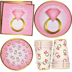 Diamond Ring Party Supplies Tableware Set 24 9" Paper Dinner Plates 24 7" Plate 24 9 Oz Cups 50 Lunch Napkins Pink & Gold Rings for Bride to Be Miss to Mrs Wedding Engagement Bridal Shower Decoration
