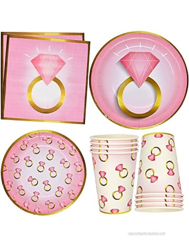 Diamond Ring Party Supplies Tableware Set 24 9 Paper Dinner Plates 24 7 Plate 24 9 Oz Cups 50 Lunch Napkins Pink & Gold Rings for Bride to Be Miss to Mrs Wedding Engagement Bridal Shower Decoration