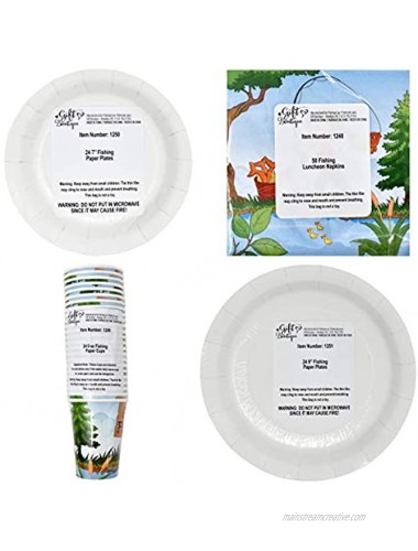 Little Fisherman Gone Fishing Party Supplies Tableware Set 24 9 Paper Dinner Plates 24 7 Dessert Plate 24 9 Oz Cups 50 Lunch Napkin for Kids Camping Fish Tournament Themed Baby Shower Birthday Decor