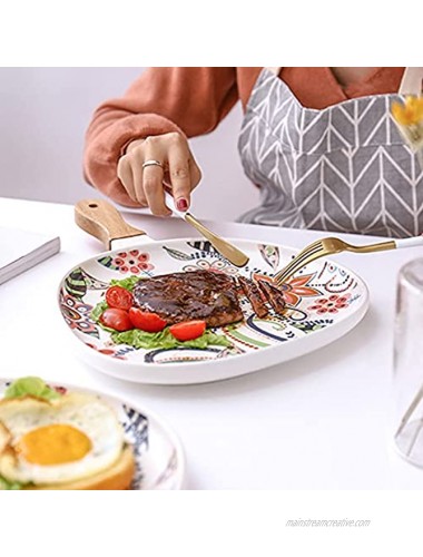LUCCK Ceramic Serving Plates With Handle 8.2 Inch Unique Oval Dinner Plates Flower Pattern Matte Ceramic Baking Dish for Side Dish Dessert Steak Pasta