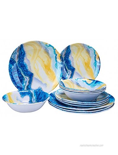 Melamine Dinnerware Set 12 Pcs Dish Dishware Durable Outdoor Plastic Plates Bowls Service for 4 （Landscape Painting）