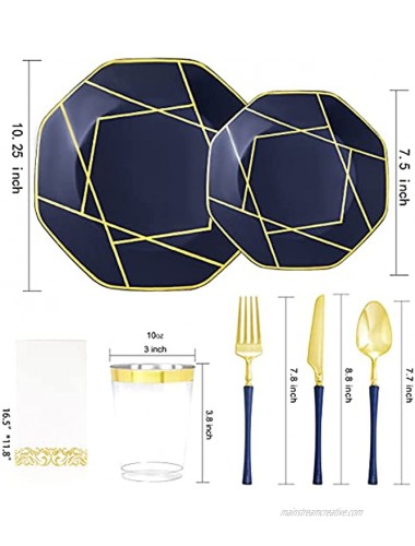 PULOTE 140PCS Blue Plastic Plates with Gold rim Include 20Dinner Pates 20Dessert Plates 60 Gold Plastic Cutlery 20Cups 20Napkins Octagonal Gold Plastic Plates for Wedding Party Halloween