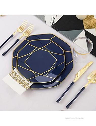 PULOTE 140PCS Blue Plastic Plates with Gold rim Include 20Dinner Pates 20Dessert Plates 60 Gold Plastic Cutlery 20Cups 20Napkins Octagonal Gold Plastic Plates for Wedding Party Halloween