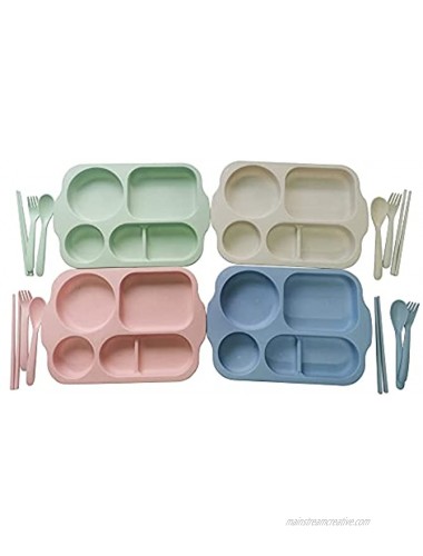 Wheat Straw Divided Plates 4 PCS Reusable Microwave Dishwasher Safe Tray Unbreakable Lightweight Durable and Colorful plates Spoons Forks & Chopsticks With Box