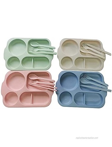 Wheat Straw Divided Plates 4 PCS Reusable Microwave Dishwasher Safe Tray Unbreakable Lightweight Durable and Colorful plates Spoons Forks & Chopsticks With Box