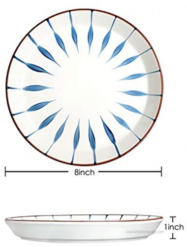 Yarloo Ceramic Appetizer Plates 8 Inches Japanese Style White Plates Set of 2 Serving for Salad Dessert Bread Unique Blue Pattern Decorative Design Microwaveable Dinnerware Sets