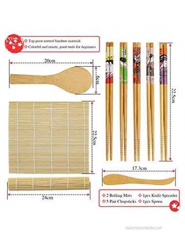 Amoco Sushi Kit Sushi Making Kit Bamboo Sushi Tools 2 Rolling Mats 5 Pair Chopsticks Spoon and Knife Spreader Are Included Great Beginners Sushi Kit for Sushi DIY Lovers,Sushi Party
