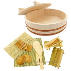 BambooMN 11.8" Hangiri Oke Sushi Rice Cooling Bowl Tub with Lid 19 Pieces Making Serving Accessory Kit Medium