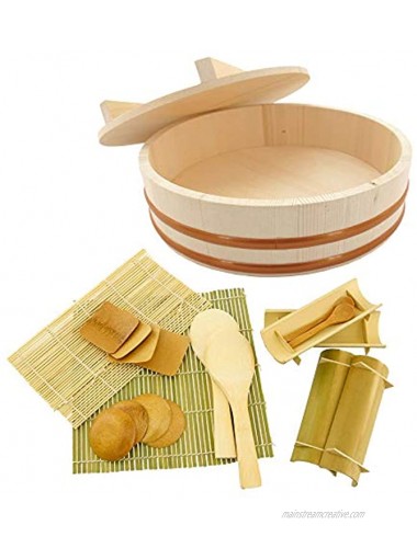BambooMN 11.8 Hangiri Oke Sushi Rice Cooling Bowl Tub with Lid 19 Pieces Making Serving Accessory Kit Medium