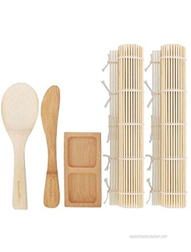BambooMN Deluxe Sushi Making Kit 2x Natural Rolling Mats 1x Rice Paddle 1x Spreader 1x Compartment Sauce Dish | 100% Bamboo Mats and Utensils