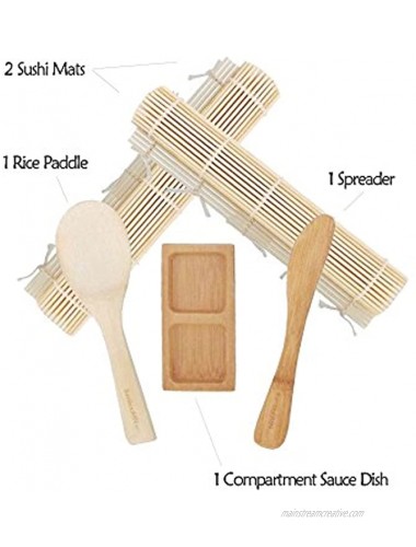 BambooMN Deluxe Sushi Making Kit 2x Natural Rolling Mats 1x Rice Paddle 1x Spreader 1x Compartment Sauce Dish | 100% Bamboo Mats and Utensils