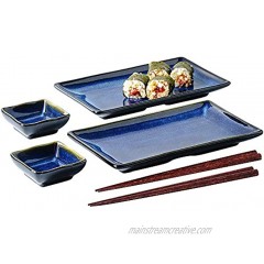 Ceramic Sushi Serving Tray Sets 2 6 Pieces Japanese Style Porcelain Sushi Plate Dinnerware with Soy Sauce Dishes Bamboo Chopsticks Housewarming Gift Blue