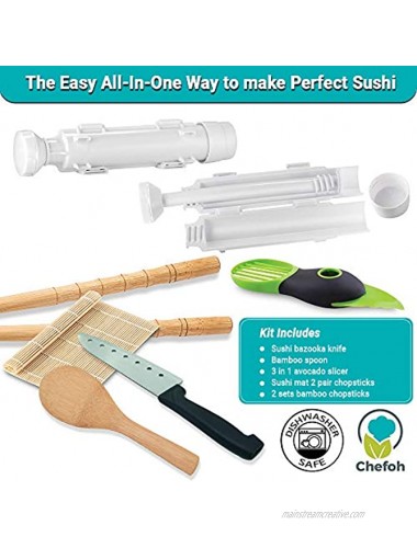 Chefoh All-In-One Sushi Making Kit | Sushi Bazooka Sushi Mat 2 Pair Bamboo Chopsticks Avocado Slicer Sushi Knife Bamboo Rice Paddle Set | Includes Sushi Recipe PDF Booklet