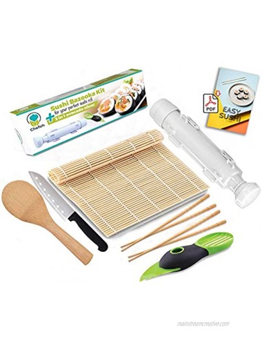 Chefoh All-In-One Sushi Making Kit | Sushi Bazooka Sushi Mat 2 Pair Bamboo Chopsticks Avocado Slicer Sushi Knife Bamboo Rice Paddle Set | Includes Sushi Recipe PDF Booklet