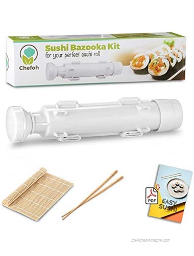 Chefoh All-In-One Sushi Making Kit | Sushi Bazooka Sushi Mat & Bamboo Chopsticks Set | DIY Rice Roller Machine | Very Easy To Use | Food Grade Plastic Parts Only | Must-Have Kitchen Appliance