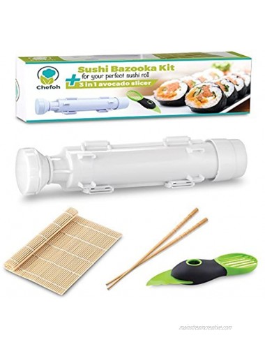 Chefoh All-In-One Sushi Making Kit | Sushi Bazooka Sushi Mat & Bamboo Chopsticks Set + 3in1 Avocado Slicer | DIY Rice Roller Machine | Very Easy To Use | Must-Have Kitchen Appliance