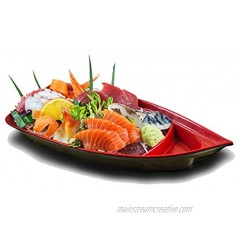 Happy Sales HSSB-10RB Sushi Boat Shape Plate Sushi Sashimi Serving Plate Melamine Plastic Tray 10 x 4.5 Inch Red Black