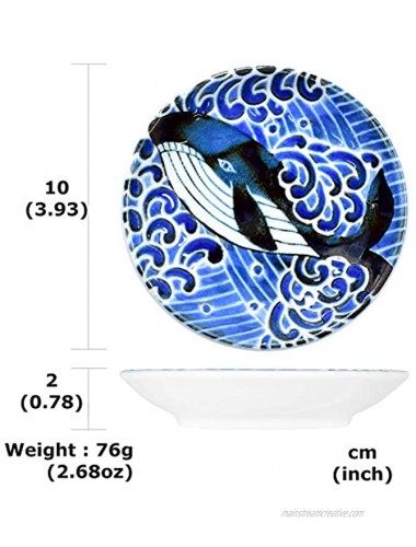Mino Ware Japanese Mini Side Condiment Plate Sushi Soy Sauce Fruit Cake Wave Whale Design 3.9 inch Set of 4