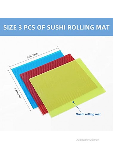 QFFQ Sushi Rolling Mat Premium Plastic Nonstick Sushi Making Kit with 3 Pieces Sushi Mat Kitchen Homemade DIY Sushi Plate BPA Free Durable Red Green Blue three-colour