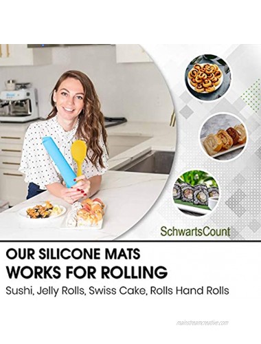 SchwartsCount Silicone Sushi Mat Rice Rolling Hygienic Large 12x14 Inch Blue & Silicone Yellow Rice Spatula Spoon Paddle Washable Nonstick Swiss Cake Roll Maker