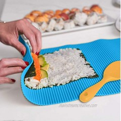 SchwartsCount Silicone Sushi Mat Rice Rolling Hygienic Large 12"x14" Inch Blue & Silicone Yellow Rice Spatula Spoon Paddle Washable Nonstick Swiss Cake Roll Maker