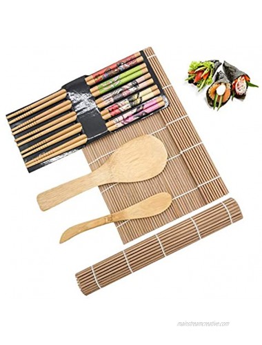 Sushi Making Kit 100% Natural Bamboo Sushi Mat Ideal beginner's Sushi Tools Including 2 Bamboo Rolling Mats 5 Chopsticks 1 Rice Paddle 1 Bamboo Knife for Home DIY Sushi