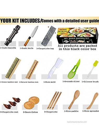 Sushi Making Kit-All In One Sushi Bazooka Maker with Sushi Mat,Premium sushi knife,Bamboo Chopsticks,Avocado Slicer,Rice Mold,Paddle,Spreader,Chopsticks Holder,Guide Book-Sushi Roller Machine