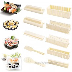 Sushi Making Kit Deluxe Edition -Complete Sushi Set 10 Pieces Plastic Sushi Making Kit for Beginners with 8 Sushi Rice Roll Mold Shapes Fork Spatula DIY Home Sushi Tool Off-white