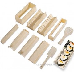 Sushi Making Kit Deluxe Edition with Complete Sushi Set 10 Pieces Plastic Sushi Maker Tool Complete with 8 Sushi Rice Roll Mold Shapes Fork Spatula DIY Home Sushi Tool Off-white
