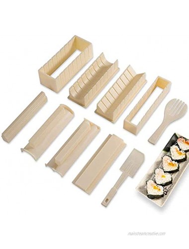 Sushi Making Kit Deluxe Edition with Complete Sushi Set 10 Pieces Plastic Sushi Maker Tool Complete with 8 Sushi Rice Roll Mold Shapes Fork Spatula DIY Home Sushi Tool Off-white