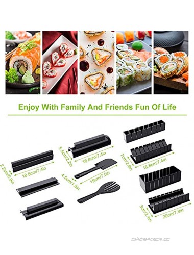 Sushi Making Kit for Beginners 10 Pieces Plastic Sushi Maker Tool Complete with 8 Sushi Rice Roll Mold Shapes Fork Spatula DIY Home Sushi Tool Black
