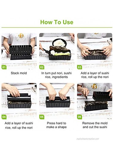 Sushi Making Kit for Beginners 10 Pieces Plastic Sushi Maker Tool Complete with 8 Sushi Rice Roll Mold Shapes Fork Spatula DIY Home Sushi Tool Black