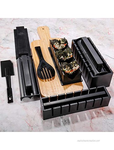 Sushi Making Kit for Beginners All-In-One Plastic Sushi Kit 10Pcs Come with 8 Sushi Rice Roll Mold Shapes Rice Fork and Spatula DIY Home Sushi Maker Tools Black