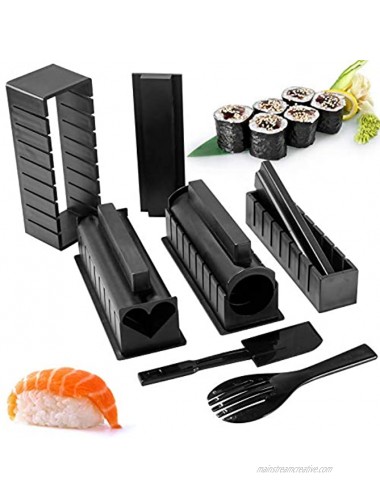 Sushi Making Kit for Beginners All-In-One Plastic Sushi Kit 10Pcs Come with 8 Sushi Rice Roll Mold Shapes Rice Fork and Spatula DIY Home Sushi Maker Tools Black