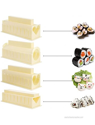 YOUEON Set of 10 Complete Sushi Making Kit Plastic Sushi Maker Tool with 8 Sushi Rice Roll Mold 1 Fork and 1 Spatula DIY Home Sushi Mold Tool for Beginners Sushi lovers Off-white