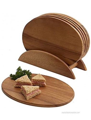 6 Acacia Wood Serving Boards with Stand Perfect for Serving Sushi Cheese Hors d'oeuvre Charcuterie Sandwiches by Woodard & Charles 7 Piece Set 9 1 2 x 6 1 2