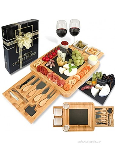 Bamboo Cheese Board and Knife Set Ceramic Bowls Wine Opener 100% Organic Wood Serving Tray Charcuterie Board Perfect Choice for Gourmets Birthday Presents Wedding Gifts Mothers & Housewarming