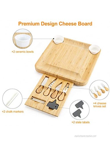 Bamboo Cheese Board and Knife Set Charcuterie Board platter,Cheese Serving platter Cheese Tray Plate Cheese Board Set with Cutlery Set Ideal Gift for Housewarming Wedding Birthday