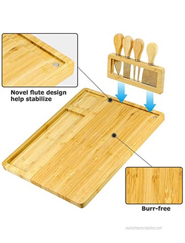 Bamboo Cheese Board and Knife Set Charcuterie boards Bamboo Wood Cutting Platter and Cheese Serving Tray for Wine Crackers,Brie Fruits Bread and Meat