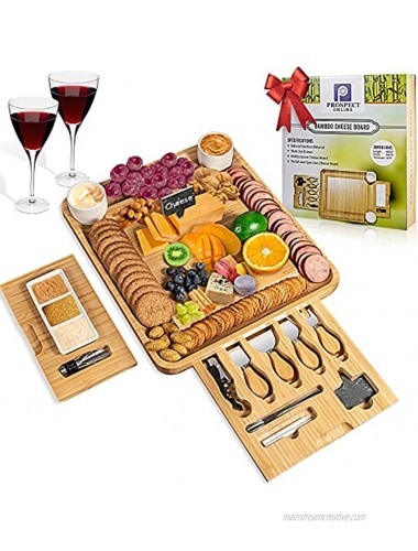 Bamboo Cheese Board Charcuterie Platter and Serving Tray With Stainless Steel Knife And 2 Removable Drawers Ceramic bowls for Wine Crackers Brie and Meat Perfect Choice for House Warming Gift