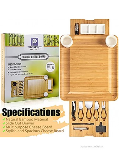 Bamboo Cheese Board Charcuterie Platter and Serving Tray With Stainless Steel Knife And 2 Removable Drawers Ceramic bowls for Wine Crackers Brie and Meat Perfect Choice for House Warming Gift