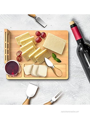 Bamboo Cheese Board Cheese Tray with 4 Stainless Cutlery Set,Charcuterie Board and Serving Meat Platter Ideal for Halloween Wedding Christmas Gifts